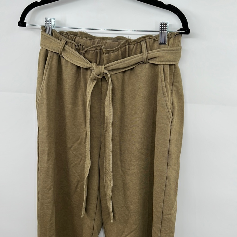 🆕Olive Green French Terry Paperbag Waist Tie High Waist Wide Leg Pants S,M & L - Picture 7 of 16